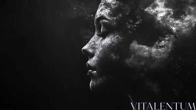 Cosmic female profile dissolves into swirling starry dust.