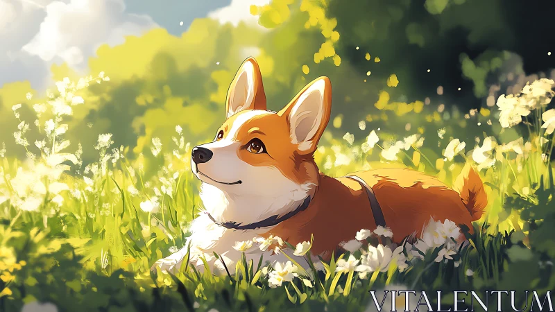 Corgi rests in sunlit meadow, golden petals drifting softly