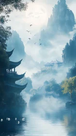 Misty mountain temples resting beside a calm moonlit river.