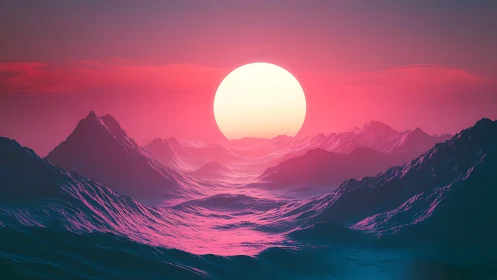Neon sun over stylized mountains and misty valley.