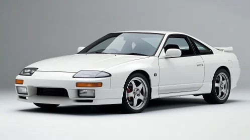 Photorealistic studio profile of classic white sport coupe.