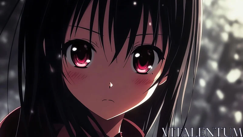 Snow-dim street, crimson-eyed girl holding back a storm.