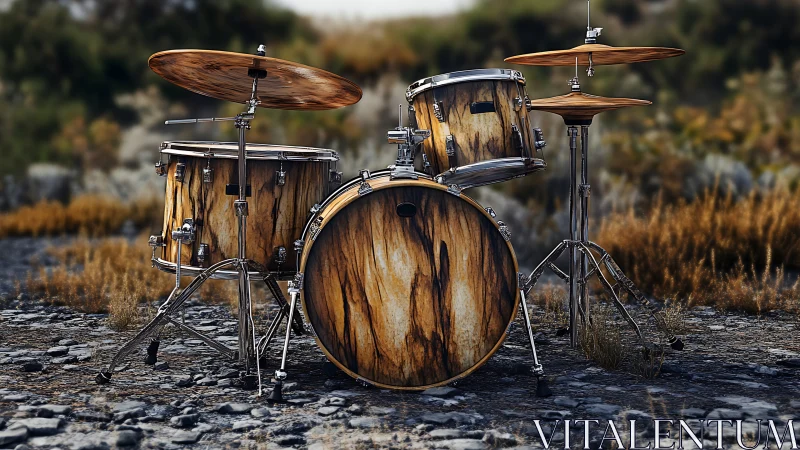 Photorealistic wood-grain drum kit on rugged outdoor terrain.