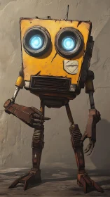 Wide-eyed scrapyard scout robot waits in dusty daylight.