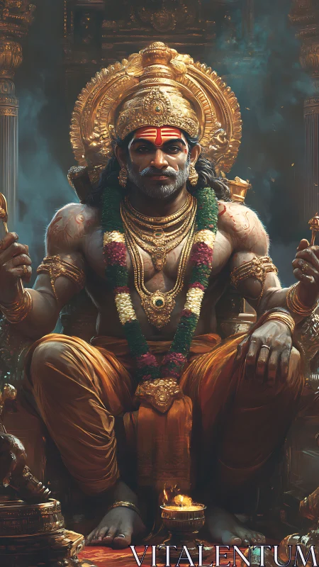 Regal warrior deity on gilded throne with ornate temple detailing