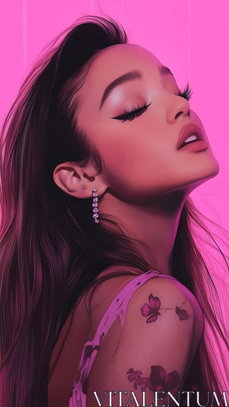 Digital portrait of woman with tattoos on pink backdrop.