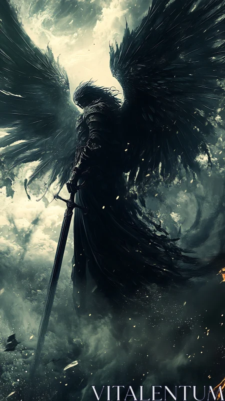 Dark winged warrior descending through stormlight haze.