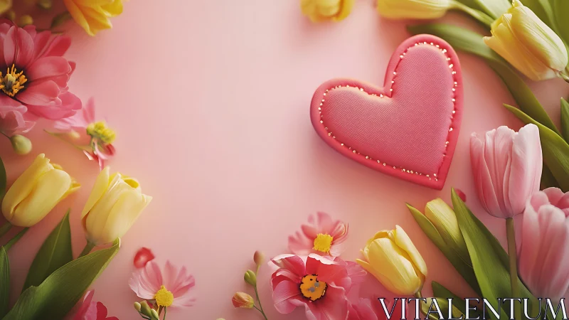 Blushing tulip chorus guarding a stitched candy heart.