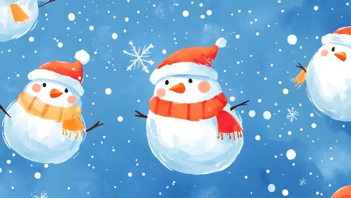 Snowmen in repeated pattern wear hats and scarves uniformly