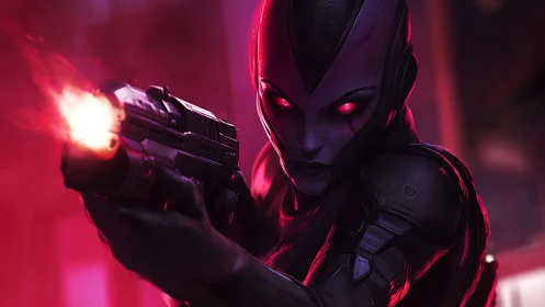 Cybernetic assassin with glowing eyes in neon crossfire.