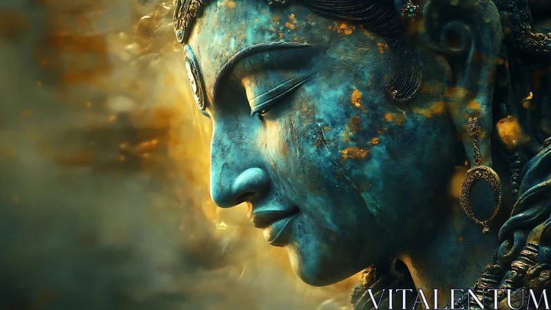 Serene blue stone deity face with golden glowing haze.