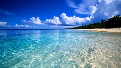 Tropical shoreline with clear water under cumulus clouds.
