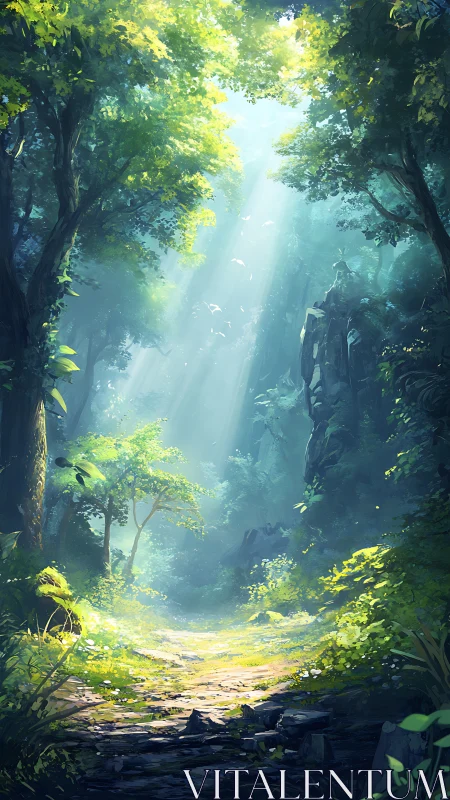 Luminescent Forest Ravine with Atmospheric Light Penetration Through Dense Canopy.