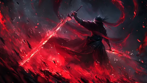 Warrior holds twin swords amid swirling red energy storm