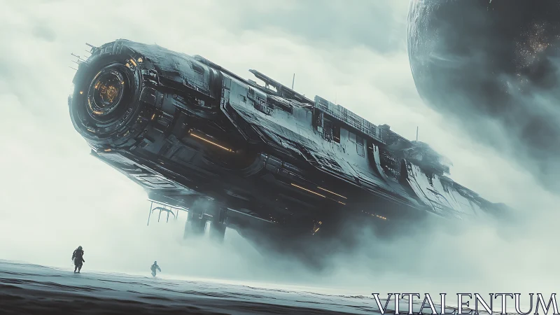 Massive starship descends through fog toward barren planet.