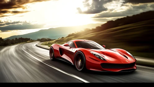 Aerodynamic crimson supercar on sunlit mountain switchback.