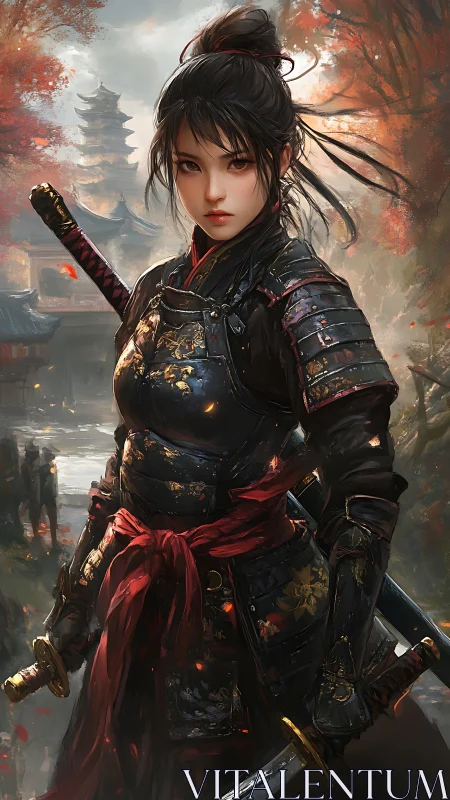 Autumn-lit female samurai in ornate lamellar armor by river