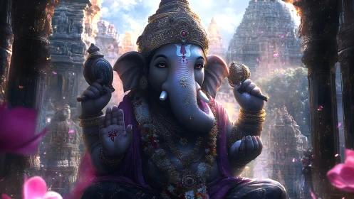Majestic Ganesha deity seated in ornate temple courtyard.