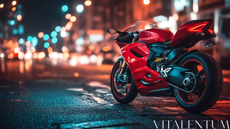 Scarlet superbike hums quietly under neon-soaked midnight rain