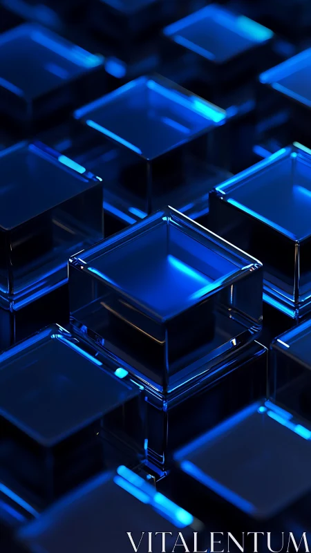 Specular blue glass cubes form a staggered parametric grid array