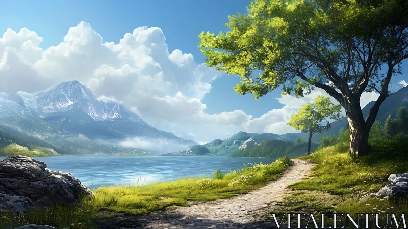 Luminous lakeside trail with stratified alpine cloudscape.