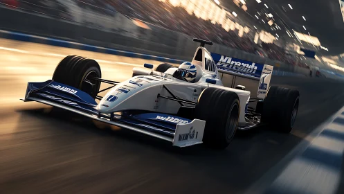 High-speed Formula racer in dynamic 3D track perspective.