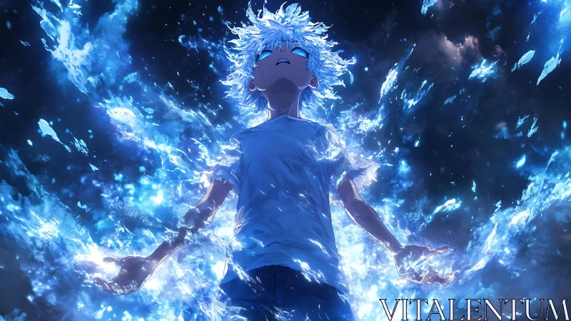 Blue energy boy ascends through cosmic storm light.