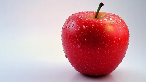 Red apple with water droplets on soft gradient background.