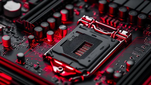 CPU socket on gaming motherboard under red lighting
