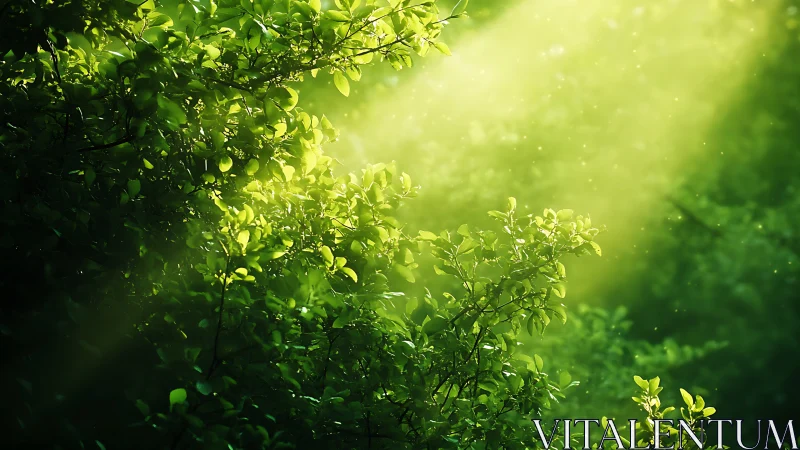 Sunlit forest leaves drinking in a drifting green glow.