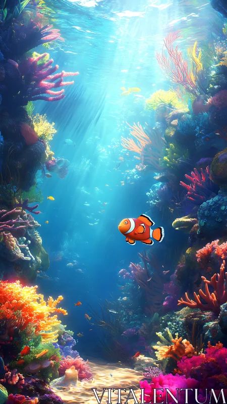 Curious clownfish gliding through a glowing coral paradise.