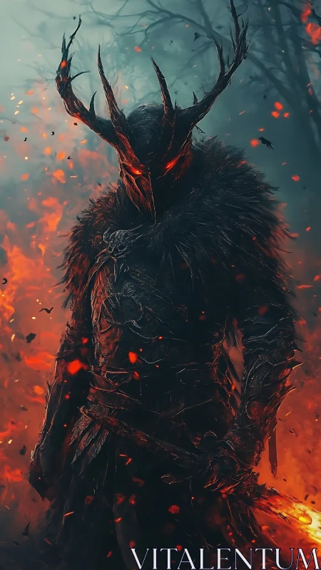 Dark horned fire knight stands amid burning forest.