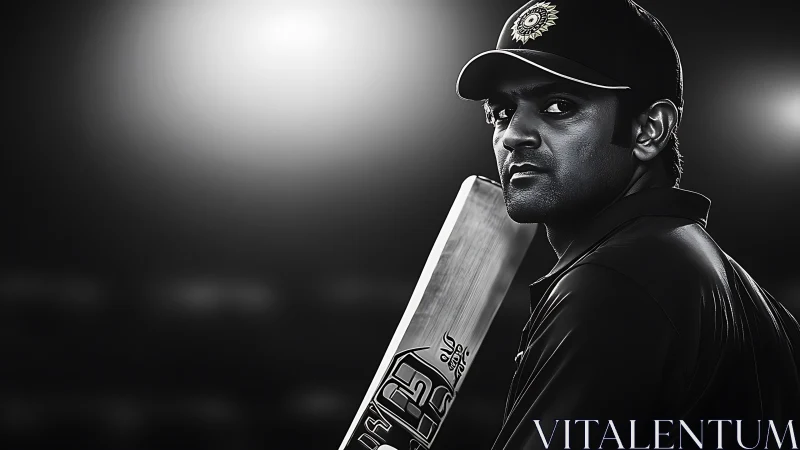 Cricket player holds bat under stadium floodlights at night