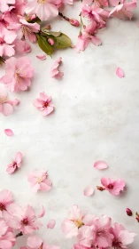 Pink Cherry Blossoms Scattered on Marble Surface.