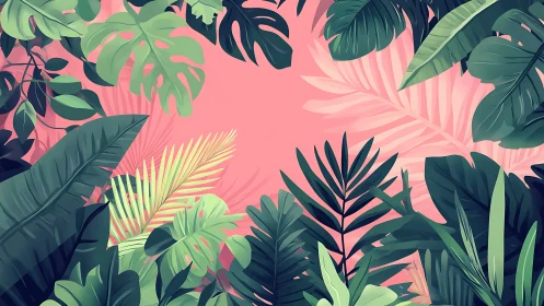 Digital illustration shows tropical foliage framing pink void