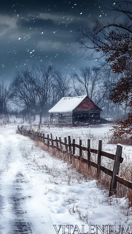 Snow-dusted country lane leading home to a quiet winter barn.
