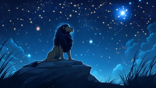 Lone lion on moonlit rock under dense starry night sky.