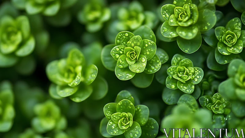 Morning dew on clustered green succulents in macro focus.