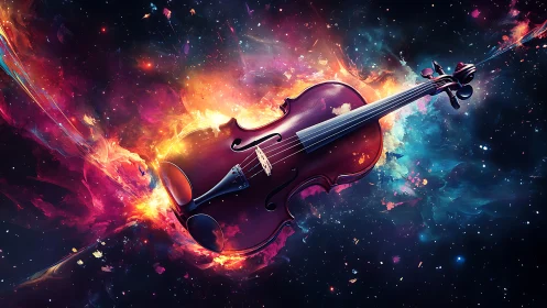 Starlit violin sails through a nebula of blazing color