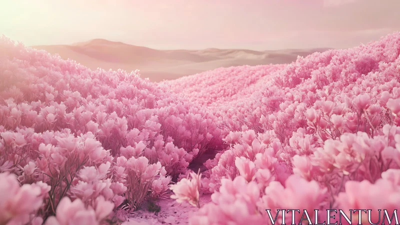 Soft sunrise drifting over endless pink flower hills.