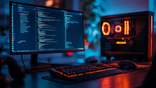 Neon code rivers flow across a gamer’s midnight command bridge