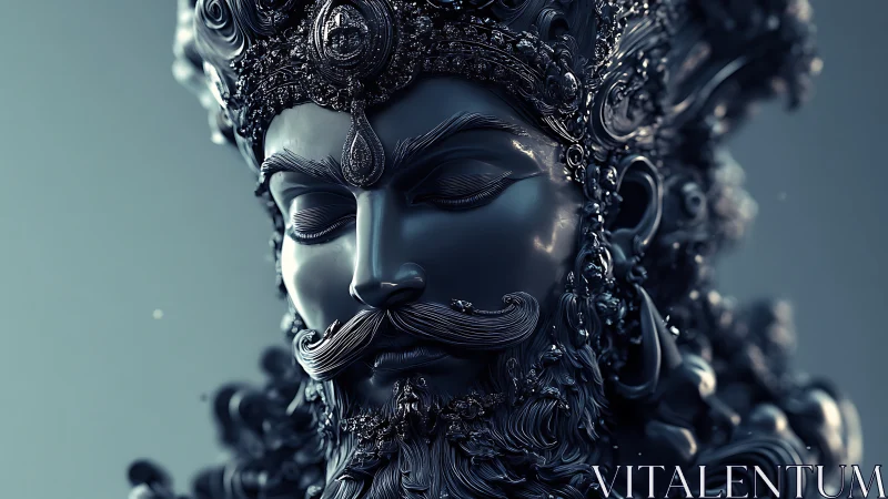 Ornate metallic deity bust with closed serene expression.