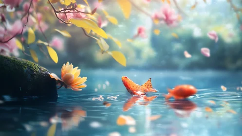 Shallow pond scene renders koi and lotus with soft depth-of-field