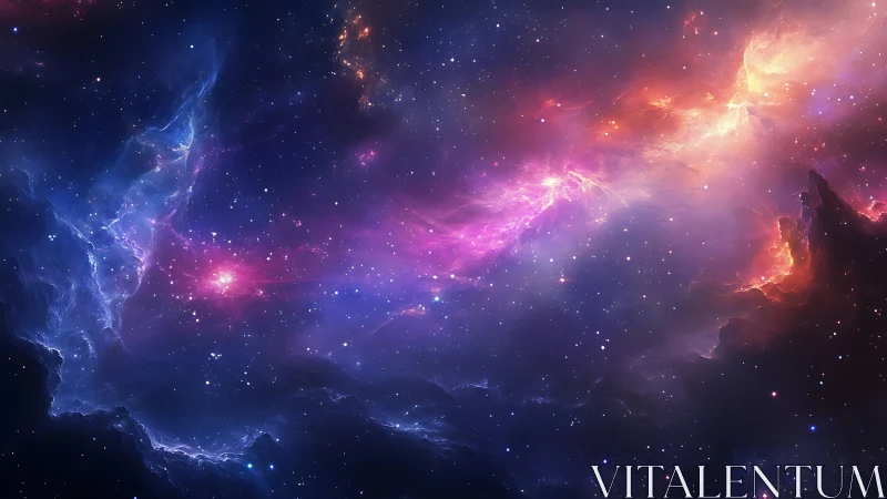 Stellar nebula clouds glow across vibrant cosmic void.