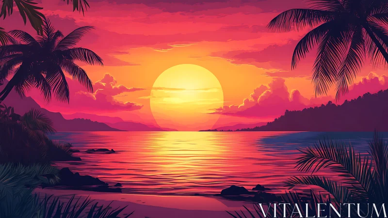 Digital painting seascape with tropical silhouettes at sunset.