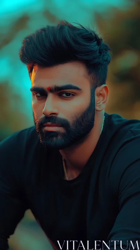 Portrait depicts bearded man under teal and orange light