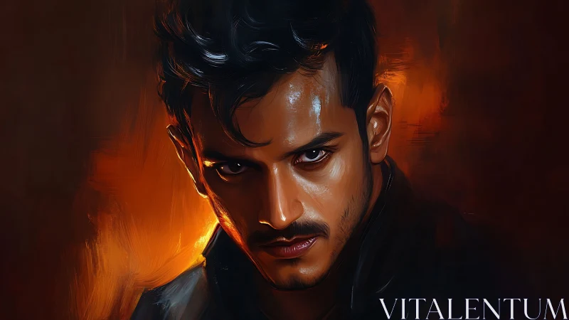 Intense male portrait burns against vivid orange glow.