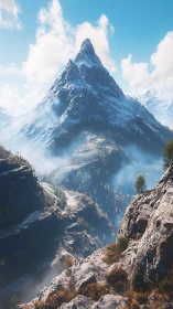 High-altitude alpine peak rendered with volumetric fog and crisp DOF