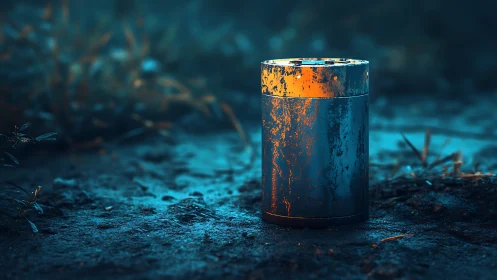 Cylindrical metal canister glows against cold, saturated ground