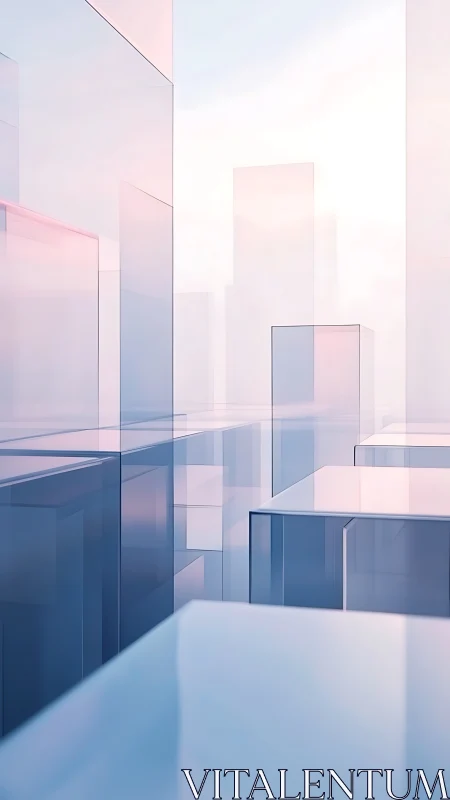 Glass cityscape rises in soft pastel dawn light.